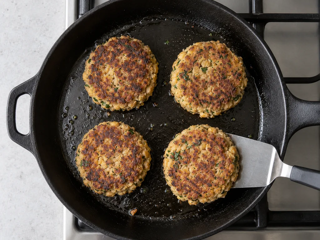 Four chickpea patties show deep golden crusts in a lightly oiled black skillet.