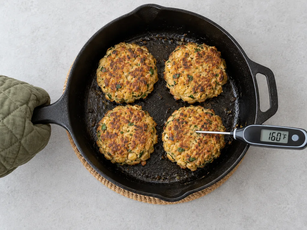 A thermometer reads 160°F in a browned patty while an oven mitt protects the skillet handle.