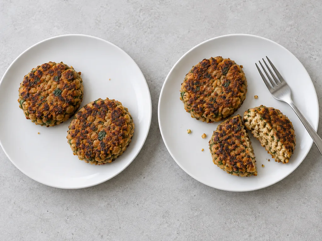 Two plates each hold two browned chickpea patties, with one cut open to reveal its cooked interior.