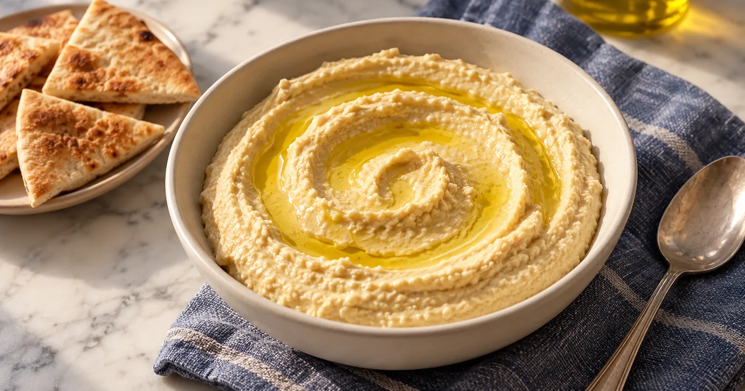 Chickpea and Tahini Dip served in a styled dish.