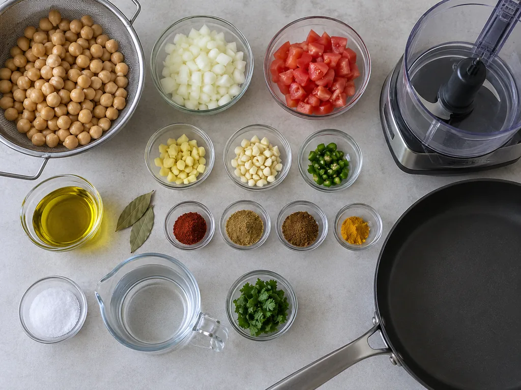Chopped vegetables, chickpeas and measured spices sit in bowls beside an empty skillet and food processor.