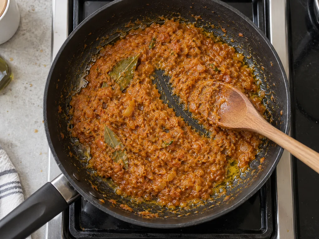 Thick orange paste fills the skillet, with separated oil pooling around its edges.