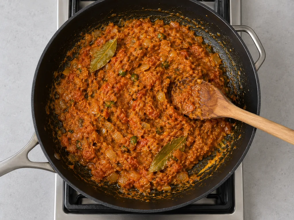 A wooden spoon stirs ground spices into thick orange paste with two bay leaves.