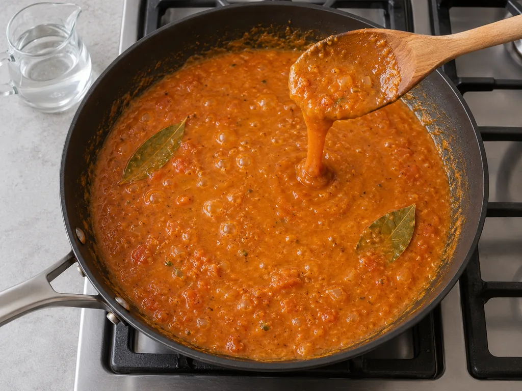 Orange sauce flows from a wooden spoon into the skillet, showing its thick but pourable consistency.