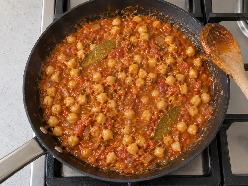 Chickpeas simmer in orange tomato sauce with two bay leaves in the skillet.