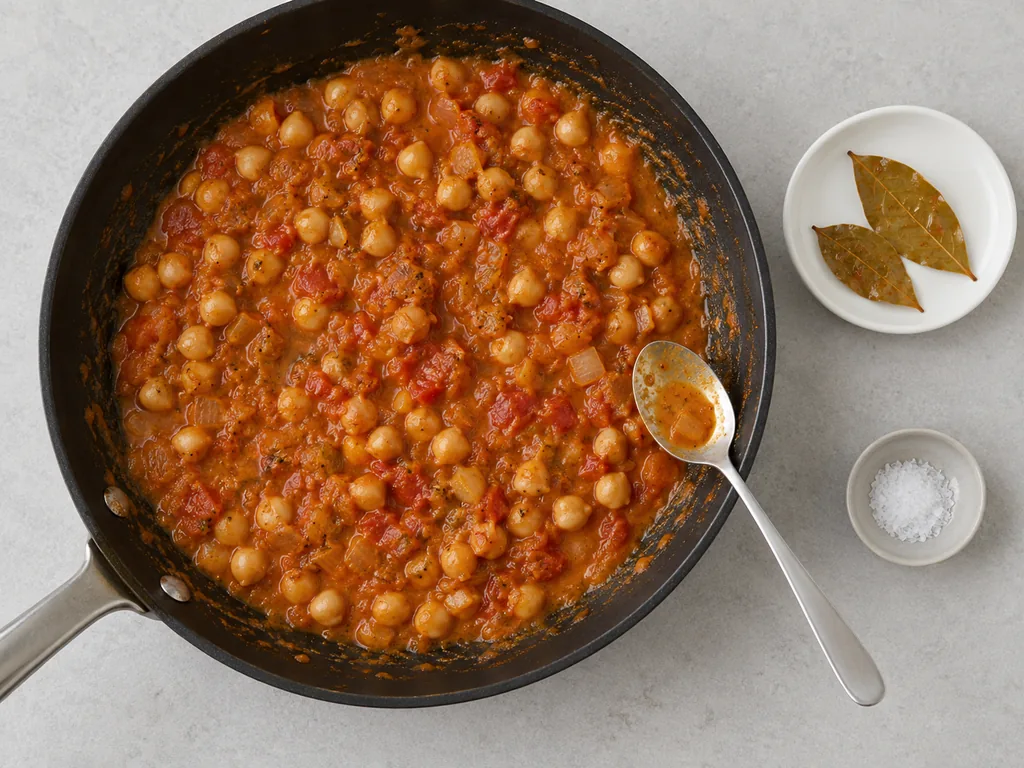 Two removed bay leaves rest on a saucer beside the chickpea skillet and tasting spoon.