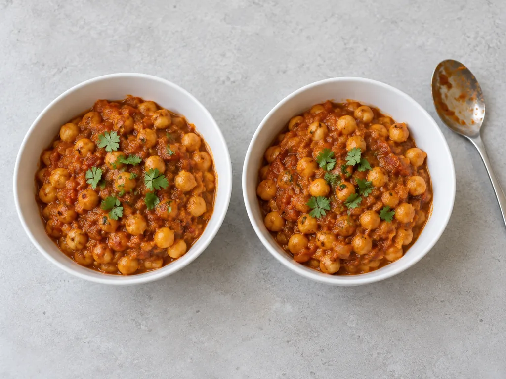 Two white bowls hold chickpeas in tomato sauce with a light scattering of cilantro.
