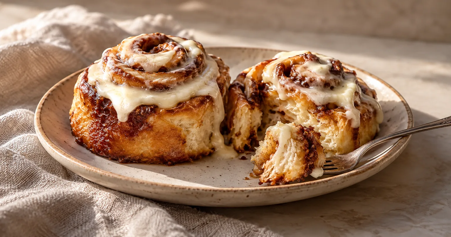 Cinnamon rolls served in a styled dish.