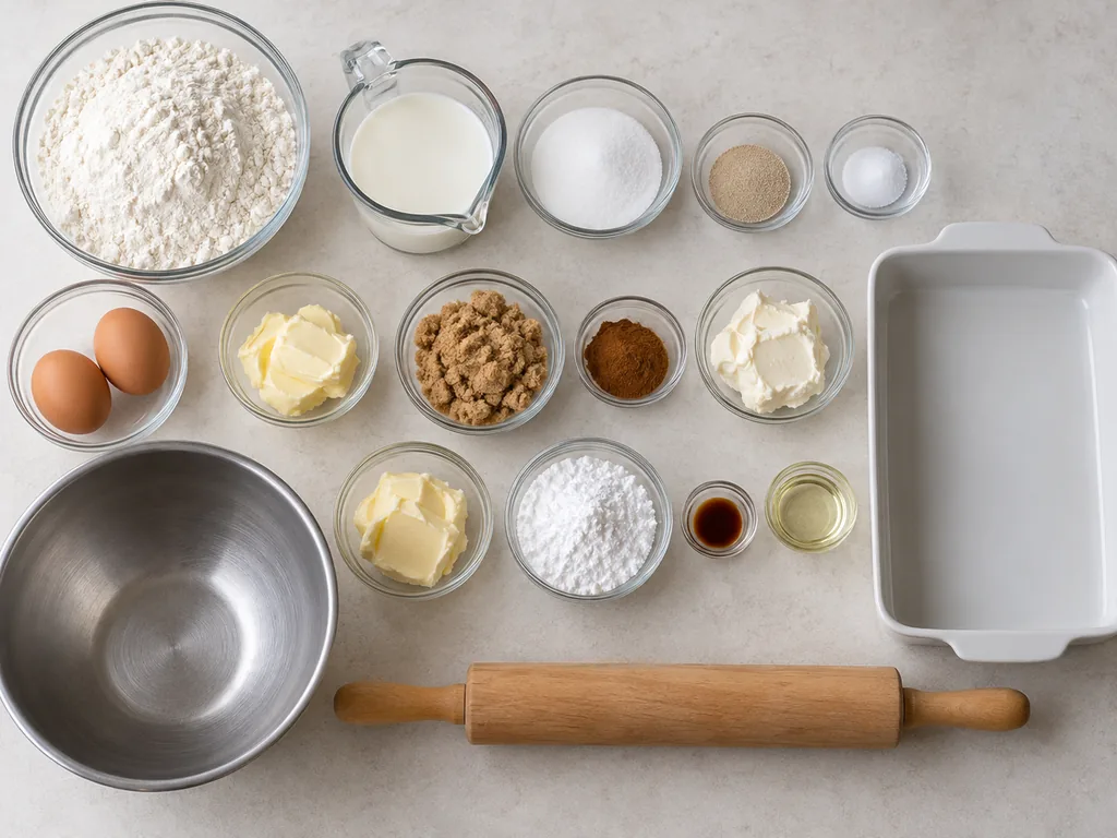 Measured cinnamon-roll ingredients sit in bowls beside the empty pan, with butter and cream cheese softening.