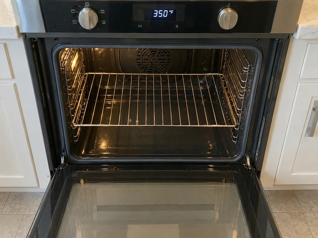 The oven display reads 350°F above an empty center rack, ready for the risen rolls.