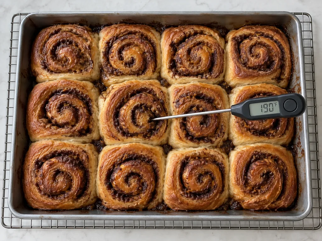 Twelve deep golden rolls rest in the pan on a rack, with the middle roll reading 190°F.