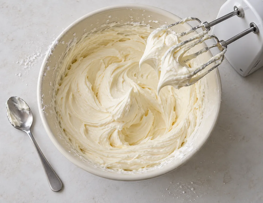 Lifted mixer beaters hold soft peaks of smooth cream-cheese frosting above the mixing bowl.