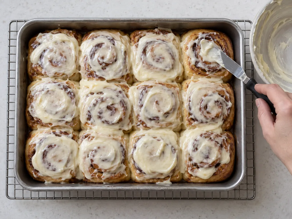 A spatula spreads cream-cheese frosting over warm rolls in the pan, melting it into the spirals.