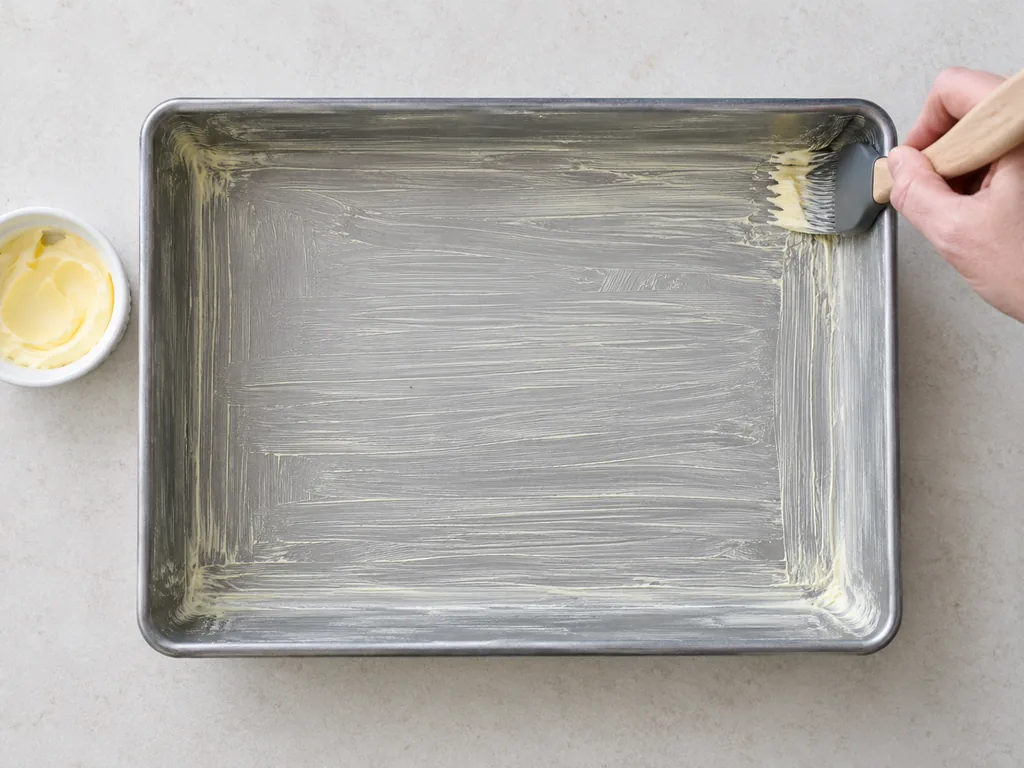 A brush spreads softened butter evenly across the bottom and sides of the rectangular baking pan.