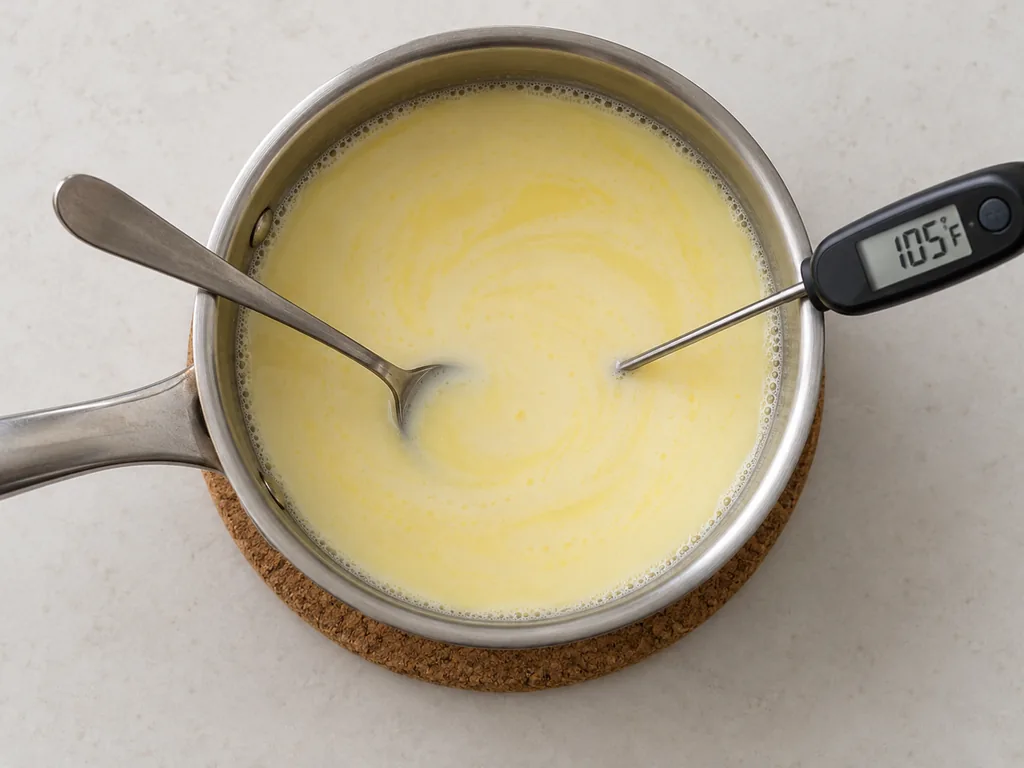 Melted butter swirls through warm milk in a saucepan while an immersed thermometer reads 105°F.