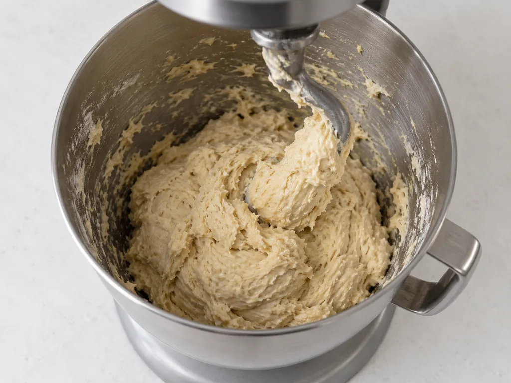 Shaggy dough clings to the hook inside the mixer bowl, with no dry flour remaining.