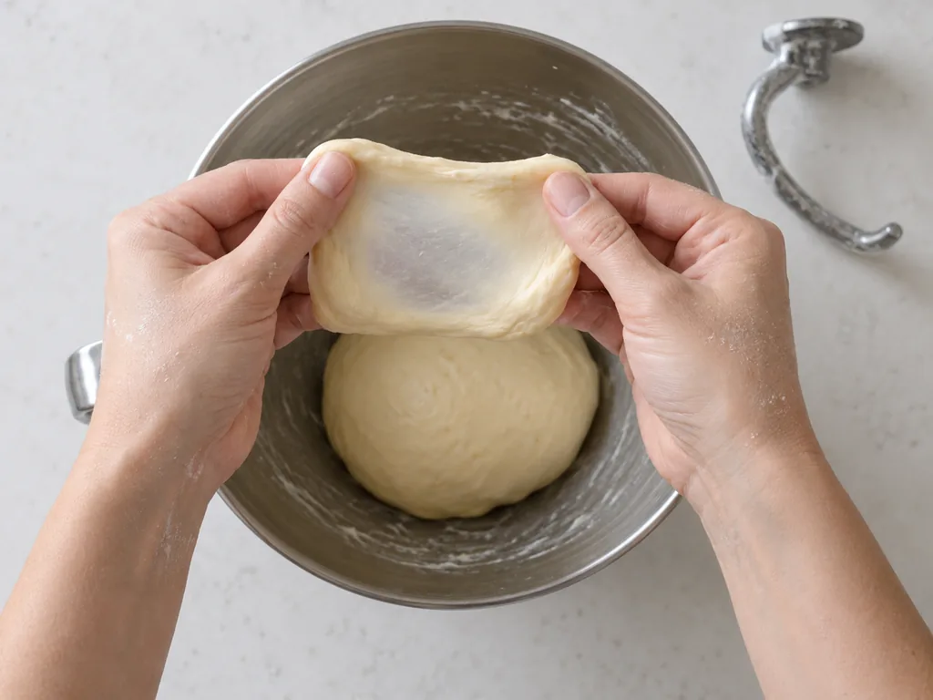 Hands stretch dough into an intact translucent windowpane above a bowl of smooth kneaded dough.