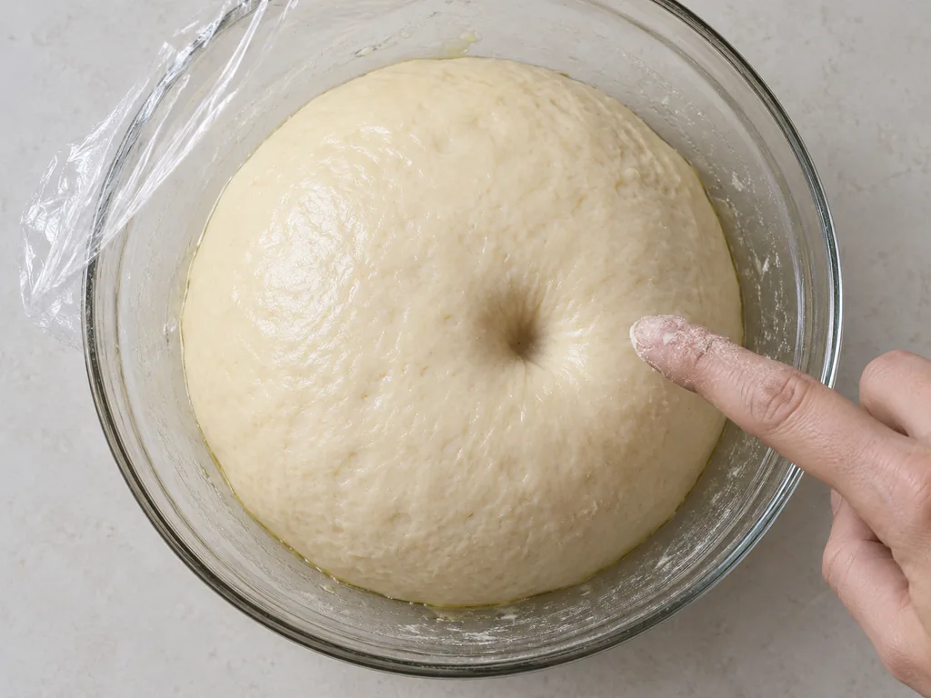 Puffy risen dough fills an oiled bowl, retaining a shallow dent beside a lifted floured finger.