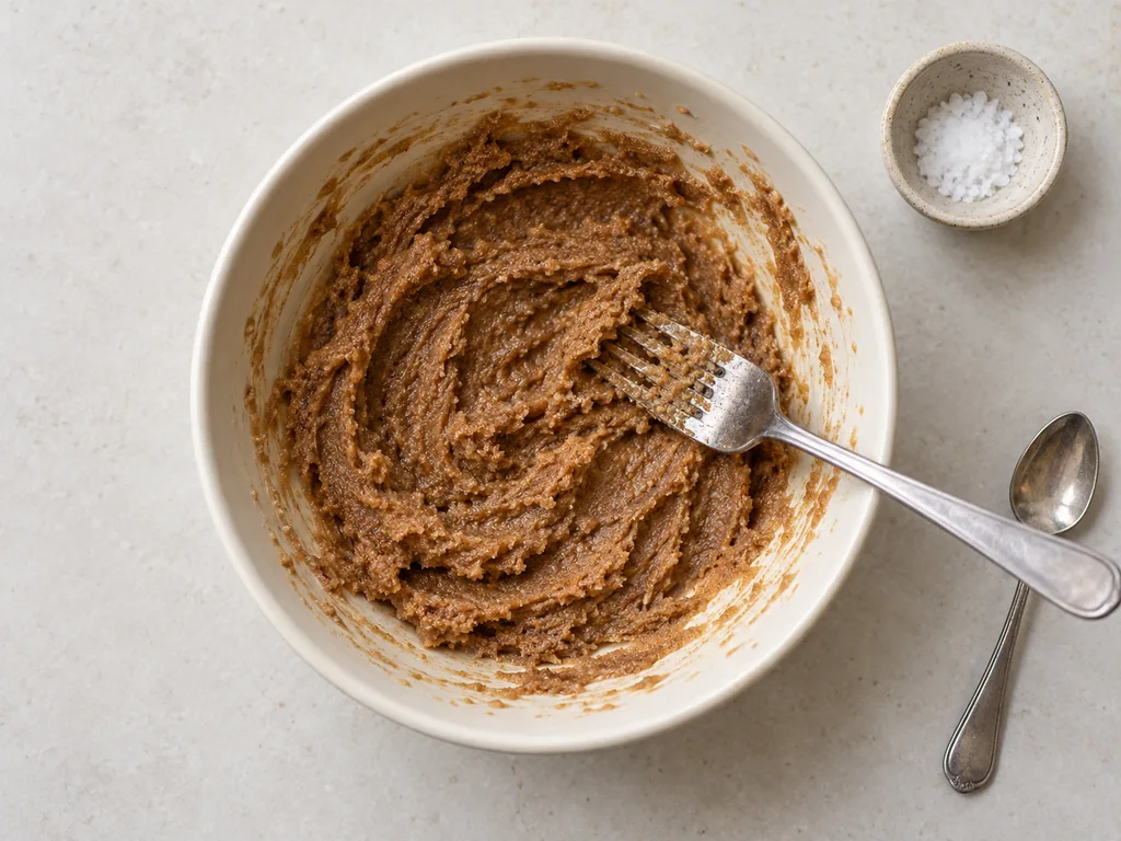 A fork leaves soft ridges in evenly mixed cinnamon, brown sugar, and butter paste inside a bowl.