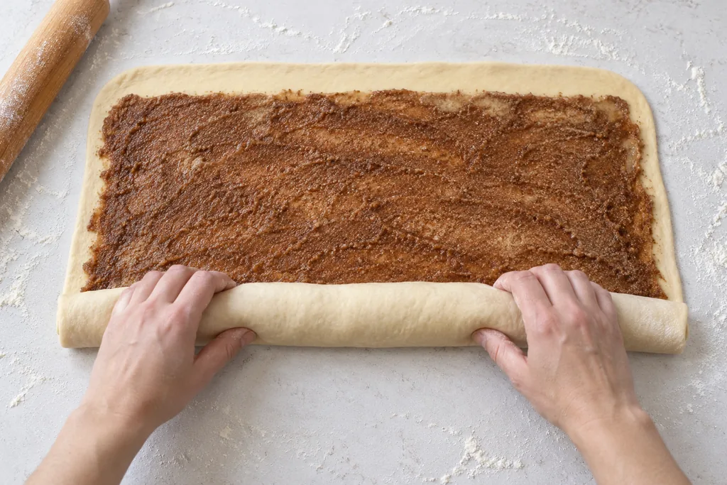 Hands roll the cinnamon-covered dough rectangle snugly toward its bare far edge on the floured counter.
