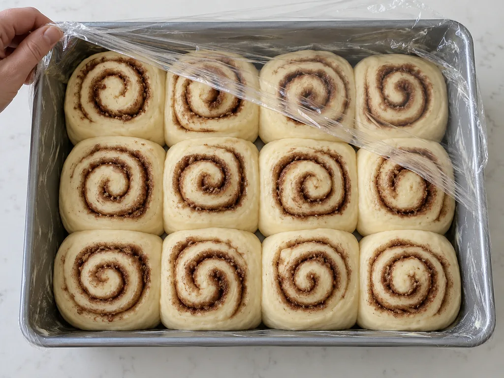 Twelve pale cinnamon spirals have risen puffy and touching in the buttered pan beneath a lifted cover.