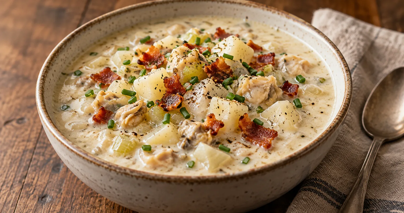 Clam chowder served ready to eat.