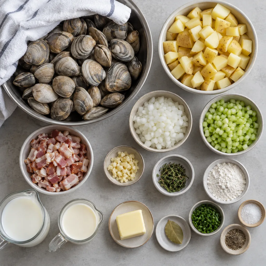 Prepared clam chowder ingredients with scrubbed clams kept under a damp towel.