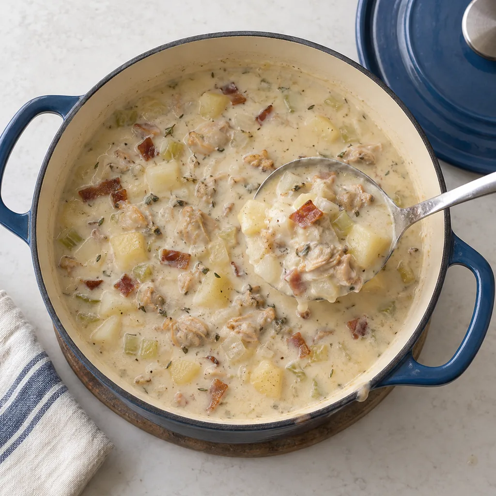Chopped clams and half the bacon warmed through in the rested chowder.