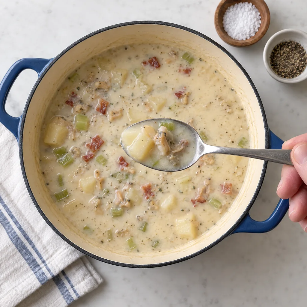 A spoonful of clam and potato ready for tasting and final seasoning.