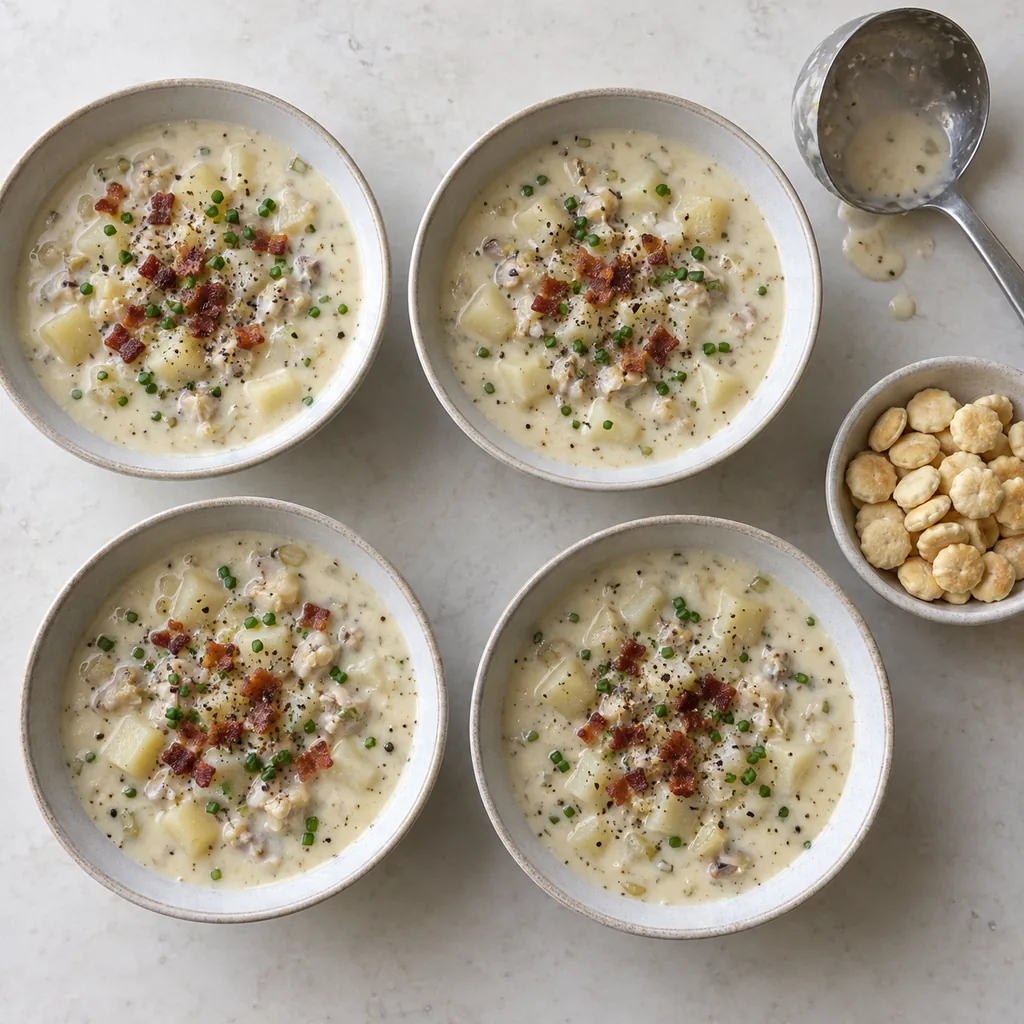 Four bowls of chowder finished with bacon, chives, and pepper.