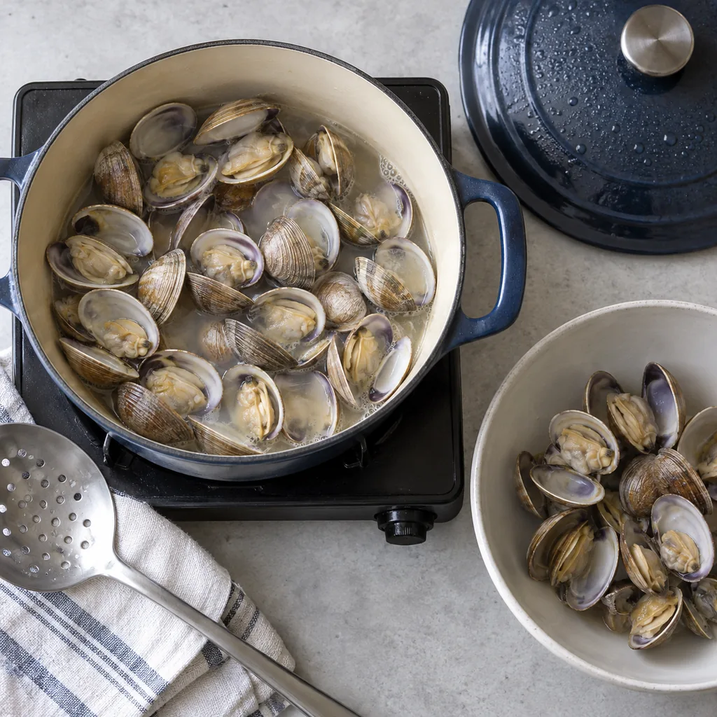 Steamed littleneck clams with open shells in a Dutch oven.