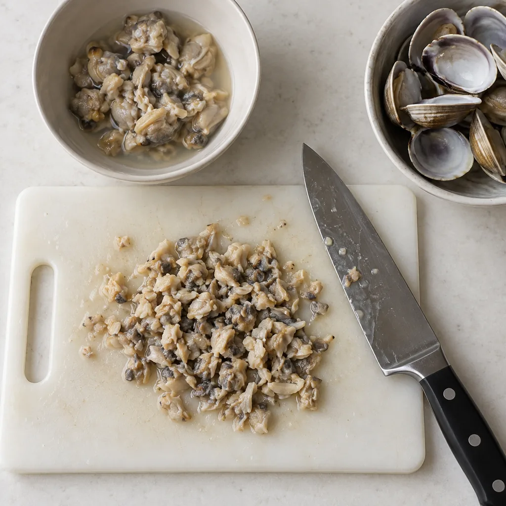 Cooked clams shelled and chopped into bite-size pieces.