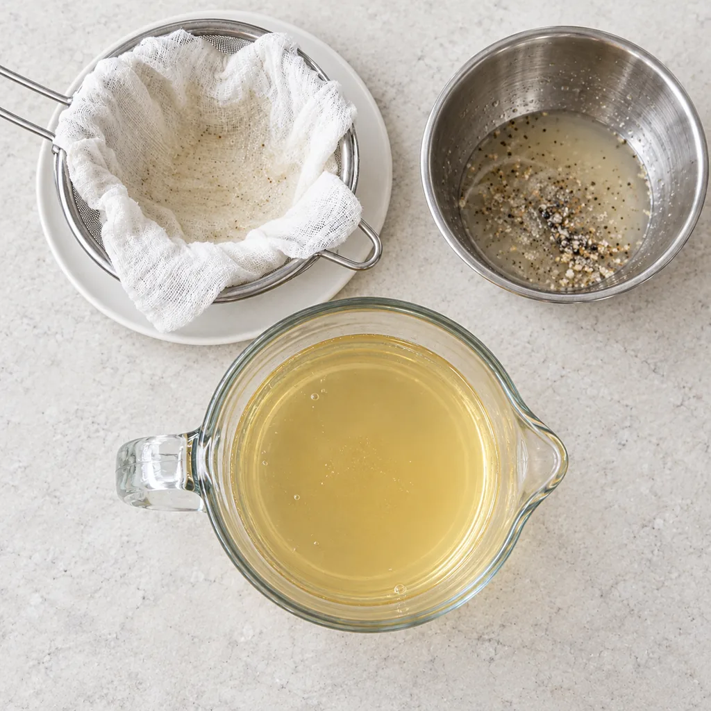 Strained clam liquor with the cheesecloth-lined sieve set aside.