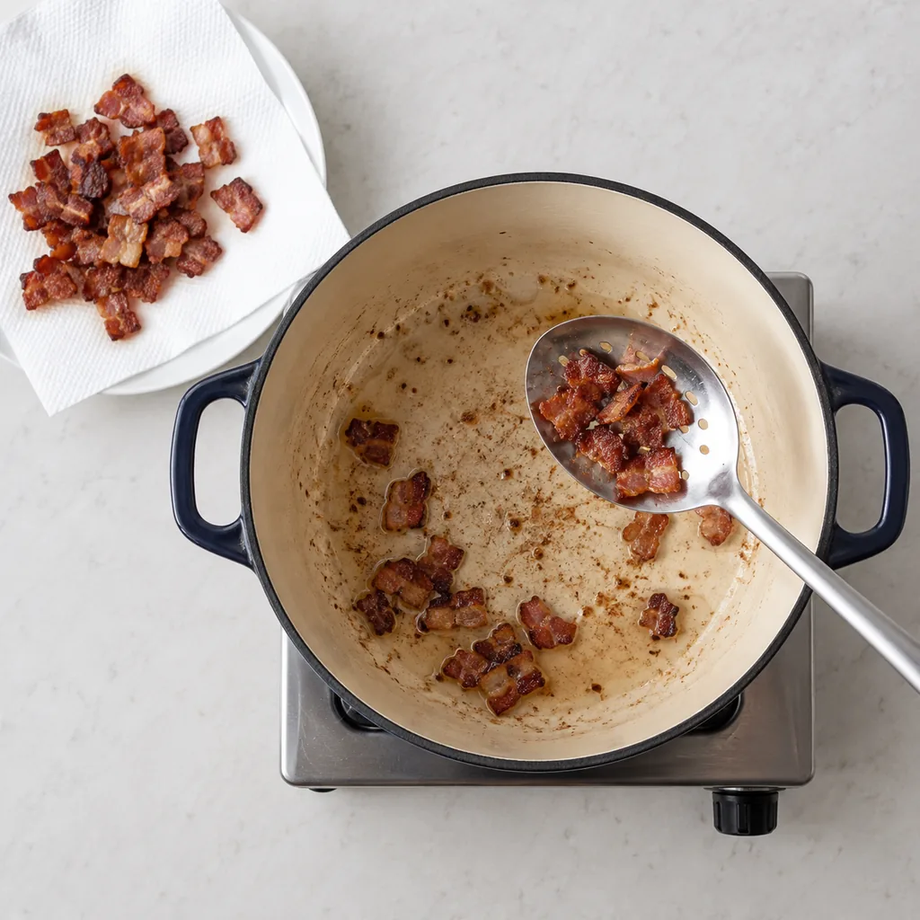 Crisp browned bacon lifted out while a thin coat of rendered fat remains.