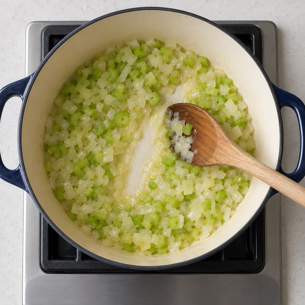 Onion and celery softened without browning in butter and bacon fat.