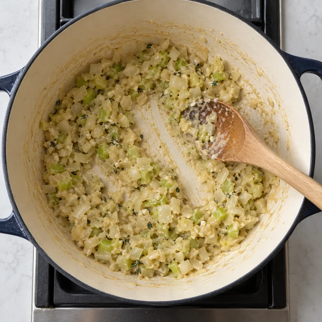 Softened vegetables coated with cooked flour, garlic, and thyme.