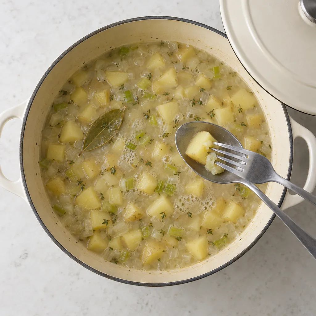 A tender potato cube breaks easily after simmering in clam liquor.