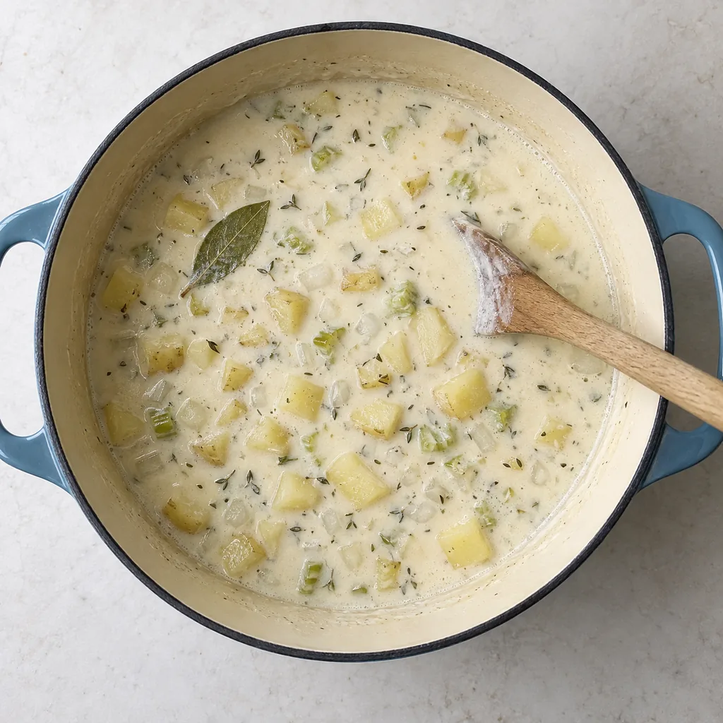 Milk and cream stirred into the potato broth and gently warmed.