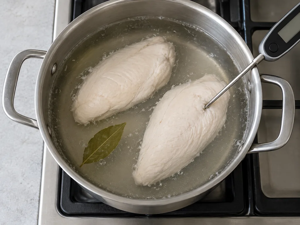 Poach the chicken gently — Move the chicken to a board to cool.