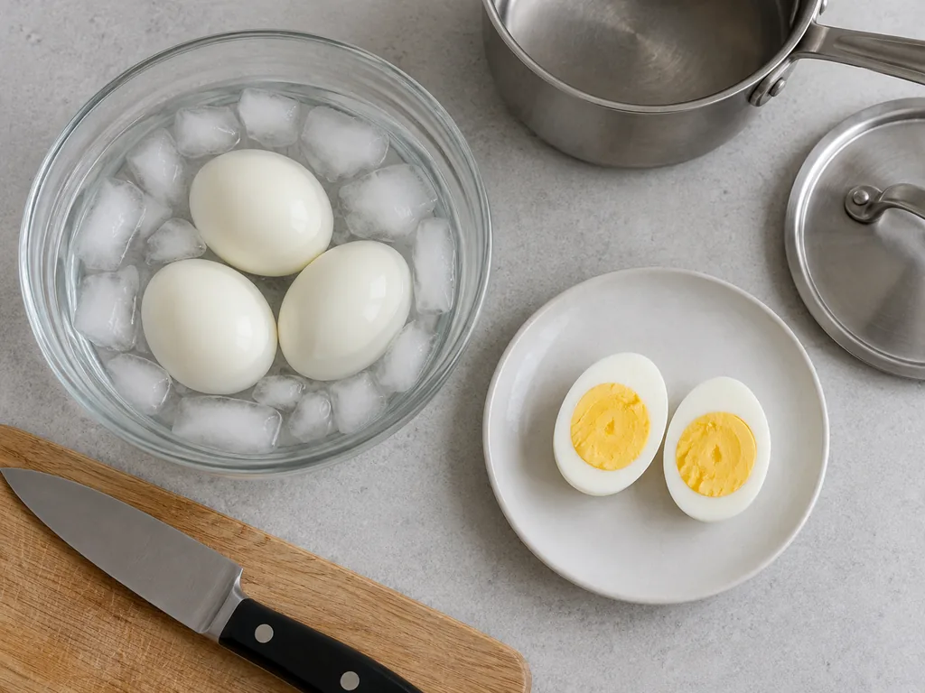 Cook the eggs until firm — Chill the eggs in the ice water.