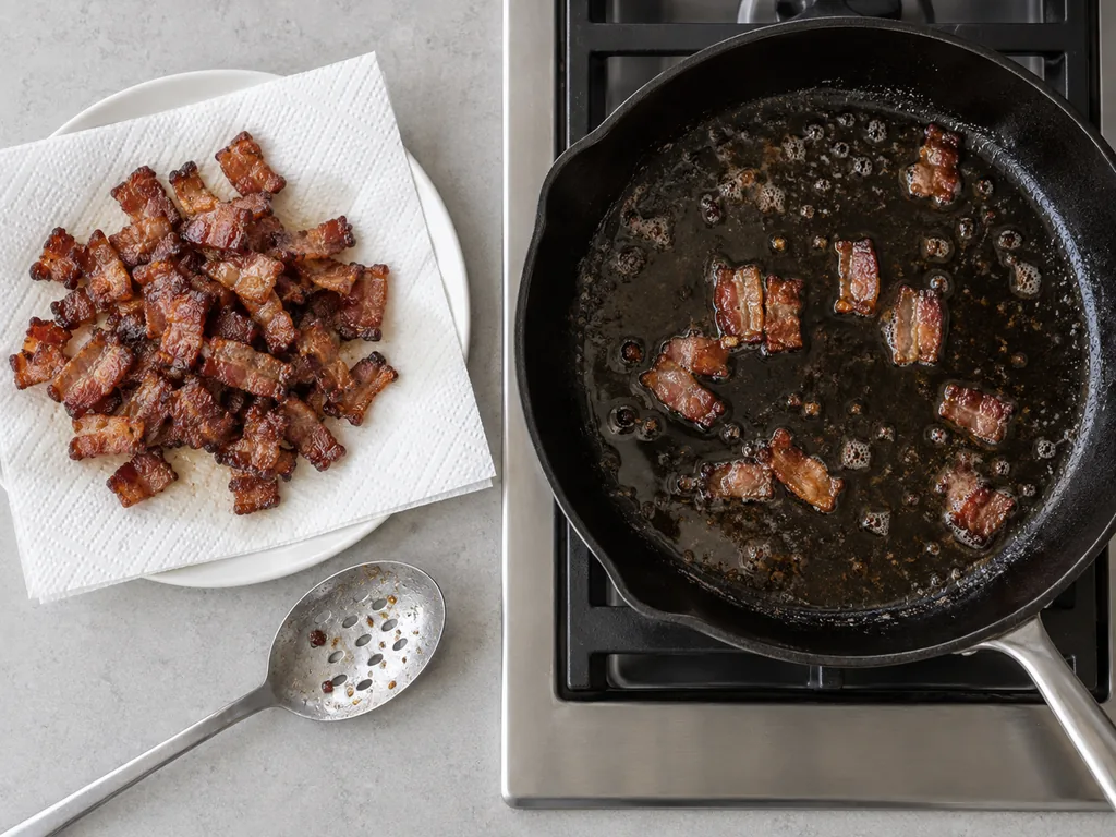 Cook the bacon until crisp — Drain the bacon on paper towels.