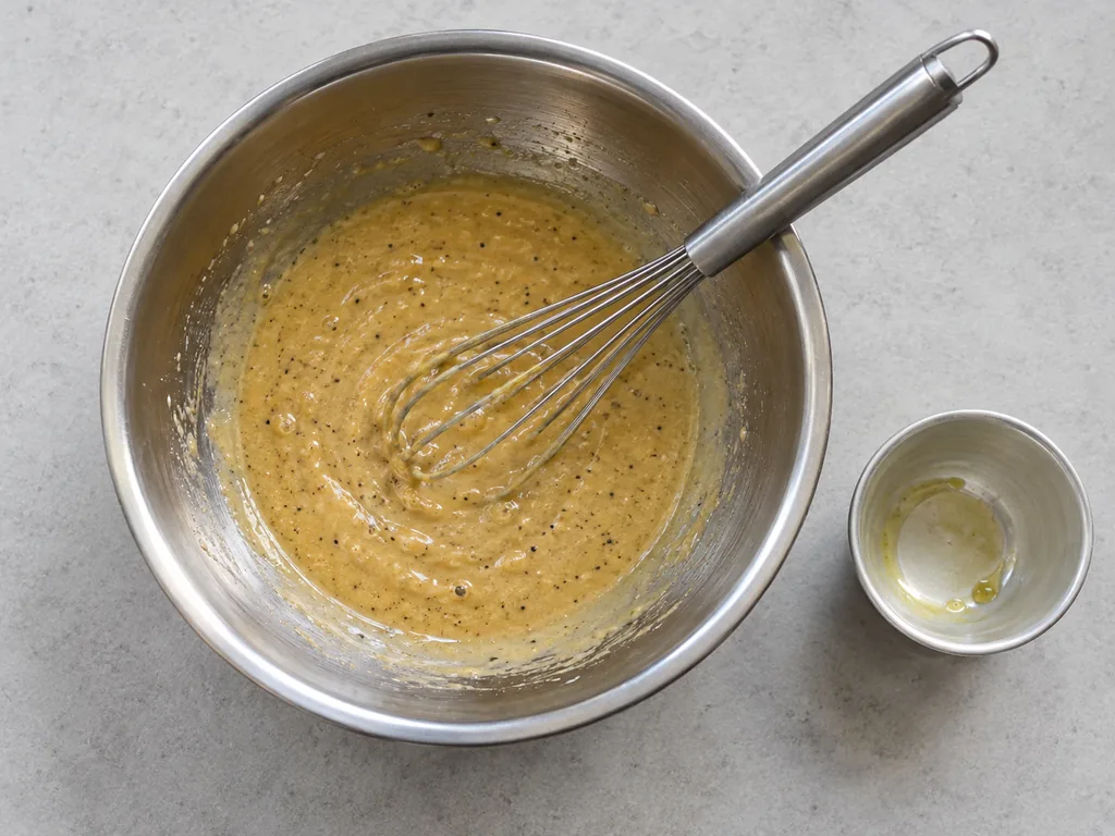 Whisk the vinaigrette — Whisk in 1/2 cup extra-virgin olive oil in a thin stream until the vinaigrette is thick and cloudy.