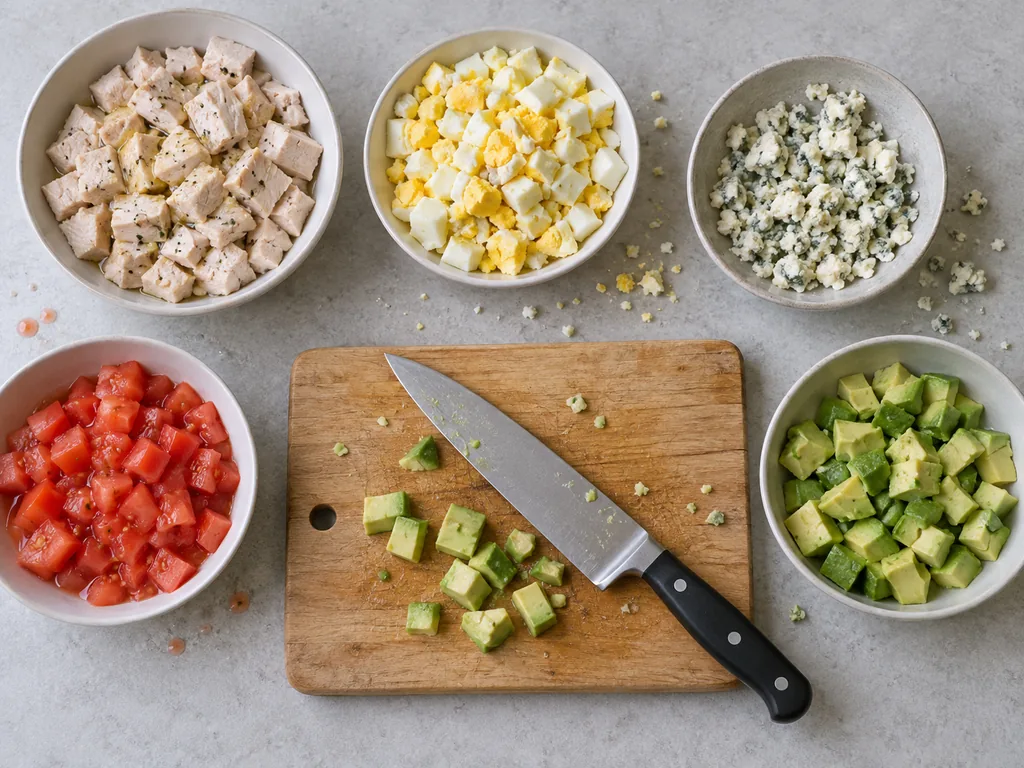 Dice and dress the toppings — Each topping is cut and ready.
