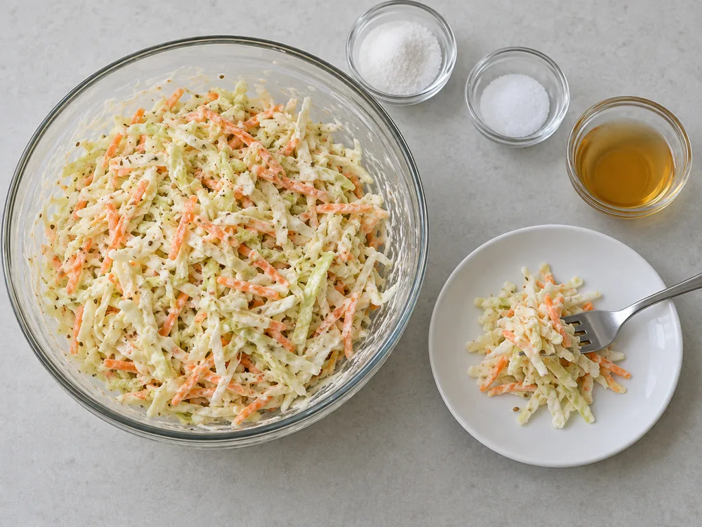 The coleslaw tastes tangy, creamy and balanced.