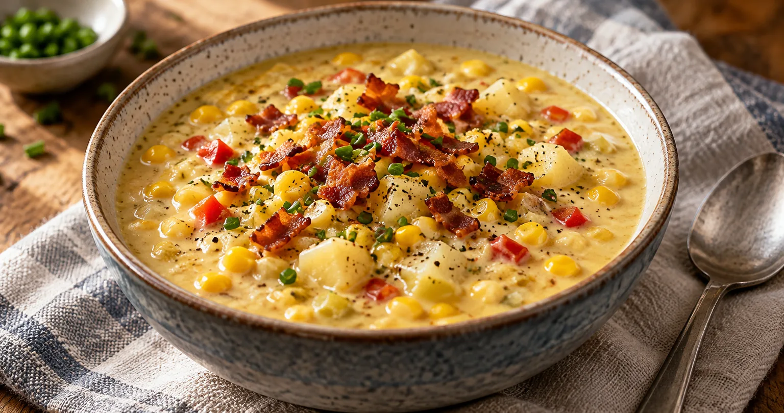Corn chowder served ready to eat.