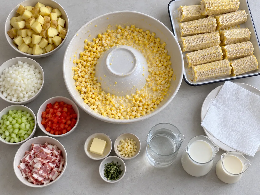 Corn kernels and milky pulp surround an inverted bowl beside scraped cobs and prepared vegetables.