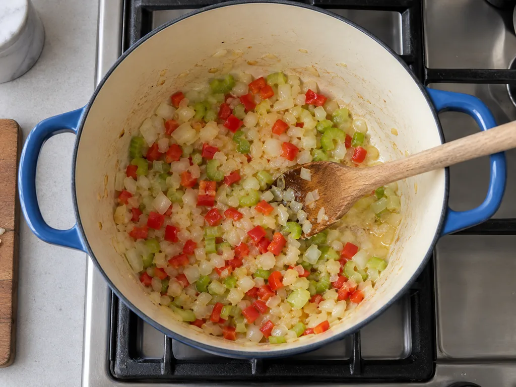 Translucent onion, celery, and red pepper soften around a wooden spoon in the pot.
