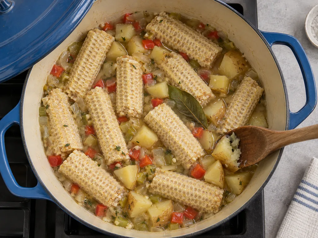 Bare corn cobs simmer beside potatoes while a spoon crushes one tender cube.