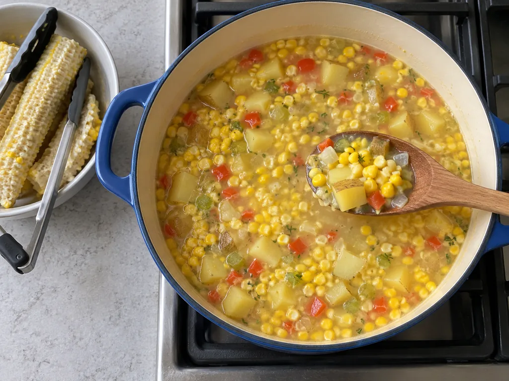 Bright corn kernels and tender potatoes fill the pot beside a bowl of removed cobs.