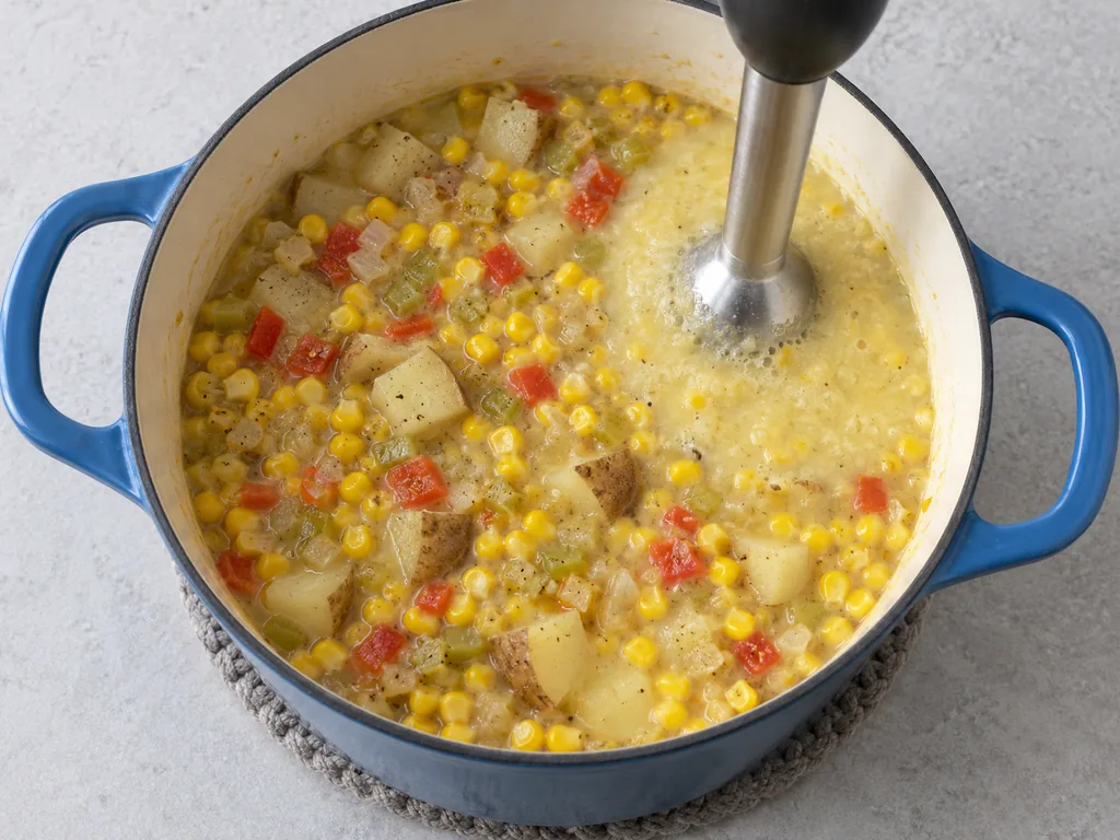 An immersion blender thickens one area while whole corn kernels and potatoes remain visible.